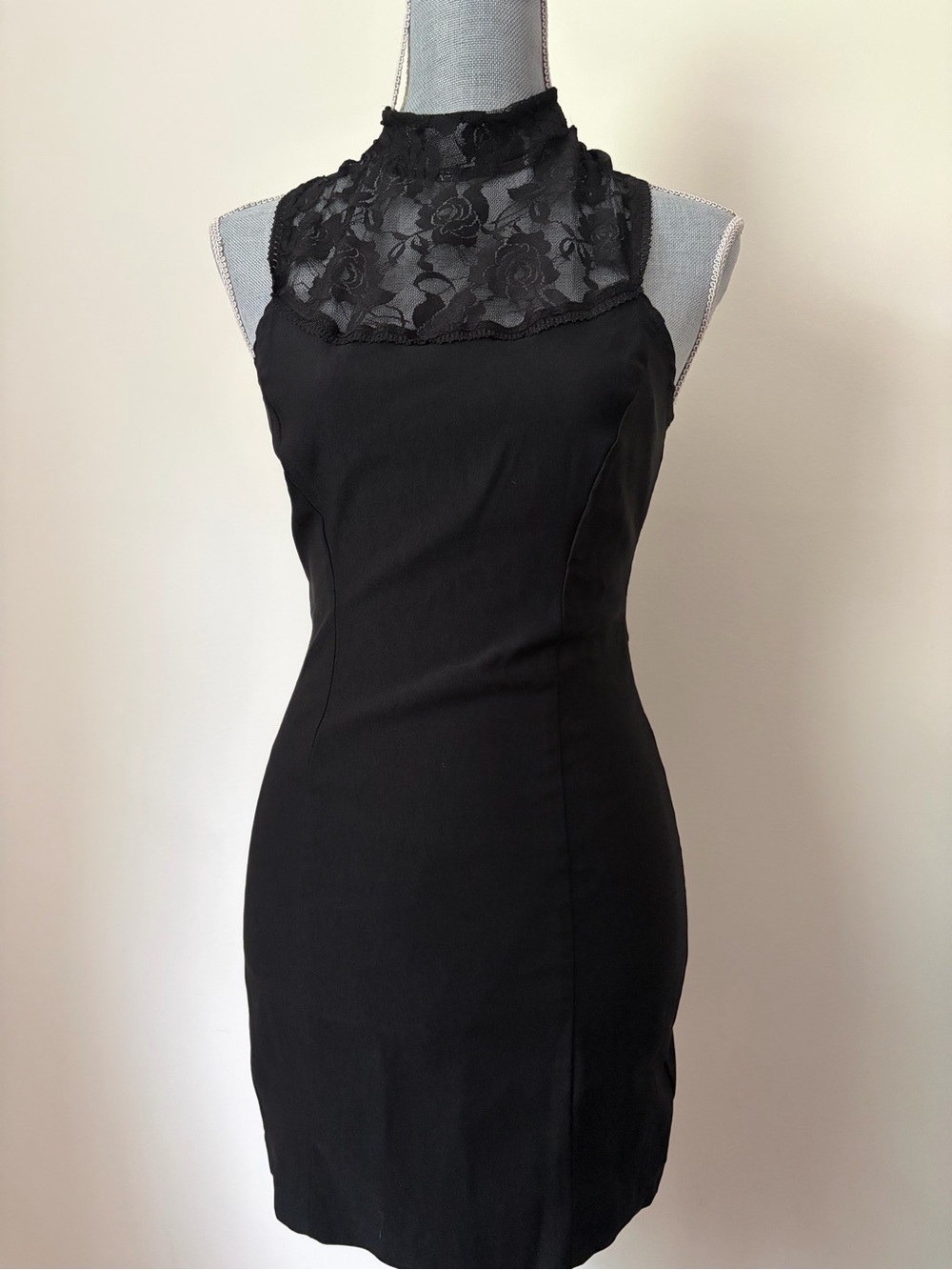 Vintage 90s Black Lace Yoke Halter Tie Bodycon Gothic Mini Dress
